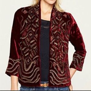 Lucky Brand Red Velvet Beaded Open Front Jacket Sz M